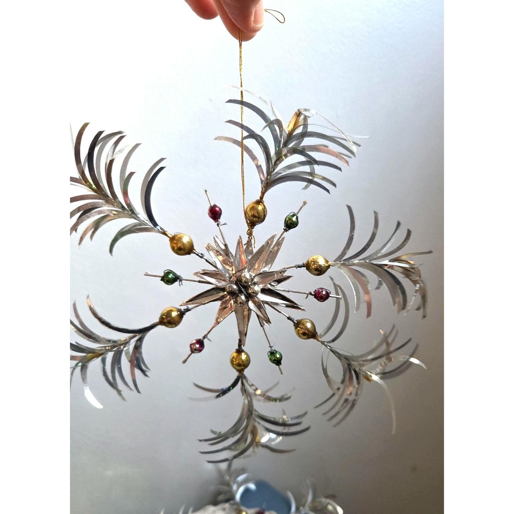 7 Vintage Japan Foil Tinsel Christmas Ornaments Atomic Starburst MCM